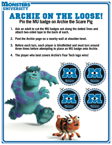 Monsters University Printable Pin The Badge on Archie Game