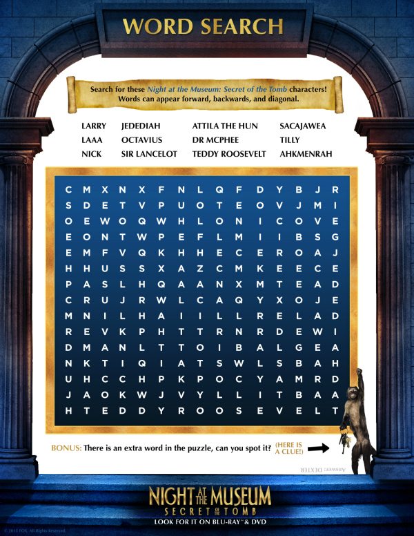 Night at The Museum Word Search