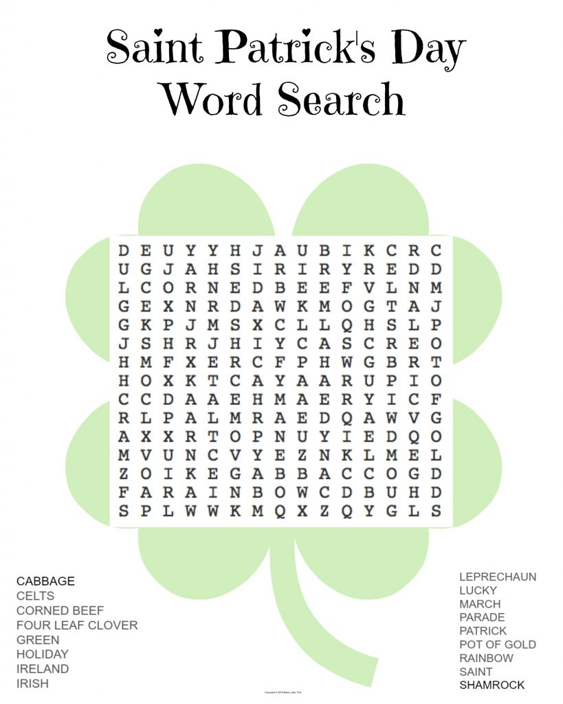 Free Printable St. Patrick&rsquo;s Day Word Search