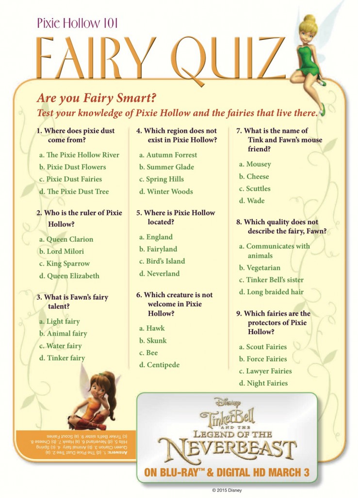 Free Printable Disney Tinker Bell Pixie Hollow Fairy Quiz