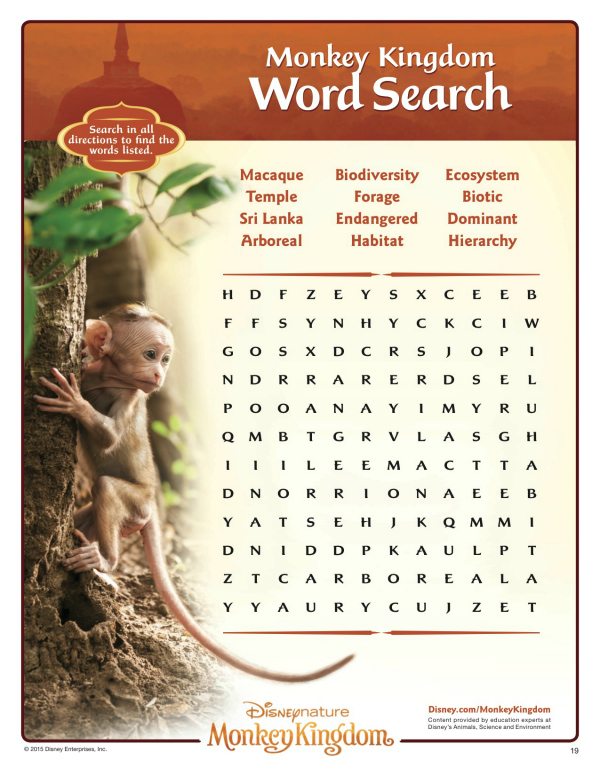 Free Printable Disney Monkey Kingdom Word Search