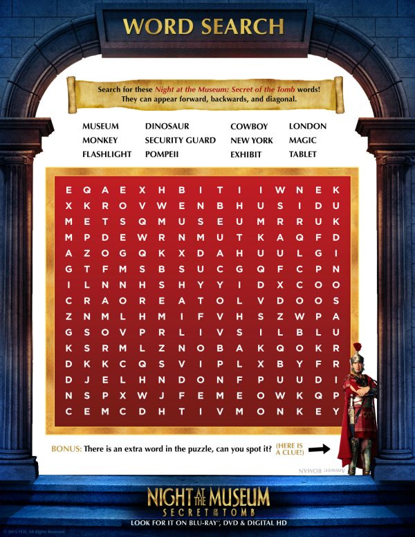 Free Printable Night at The Museum Word Search 