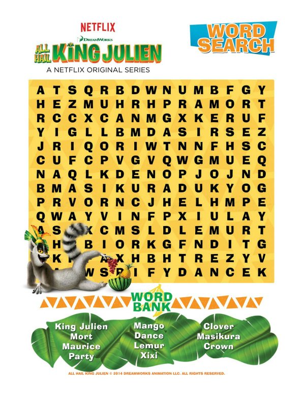 Free Printable All Hail King Julien Word Search
