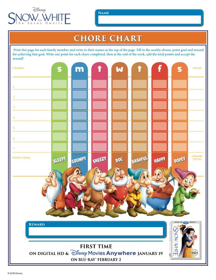 Free Snow White Printable Chore Chart