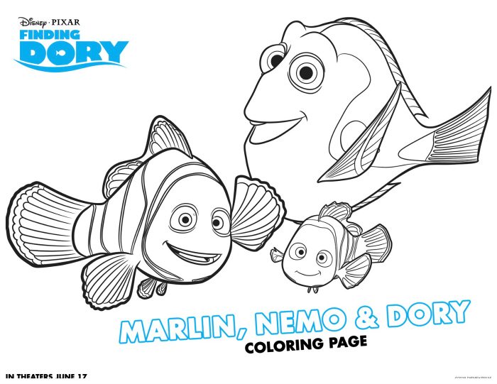 Disney Finding Dory Printable Marlin, Nemo and Dory Coloring Page
