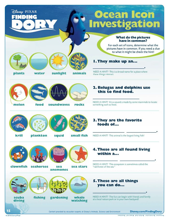 Finding Dory Ocean Investigation Activity Page