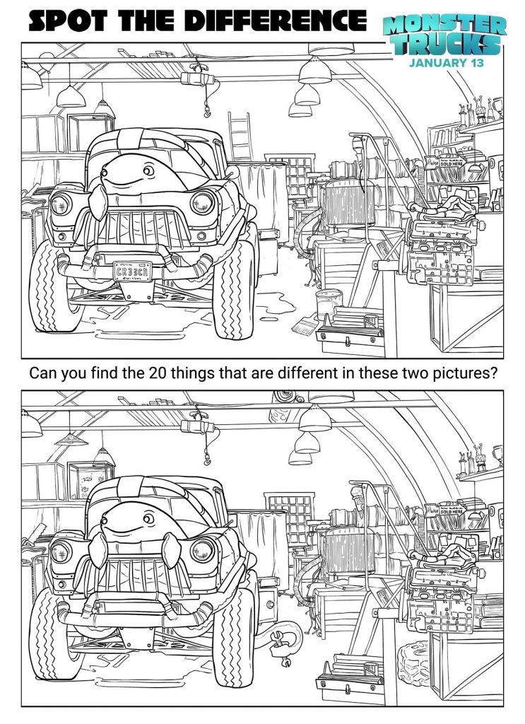 Monster Trucks Spot The Differences Coloring Page - Mama Likes This