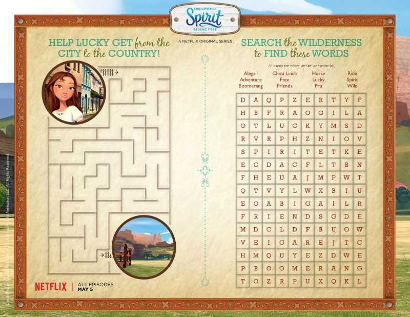 Spirit Riding Free Printable Activity Page with a Maze and Word Search