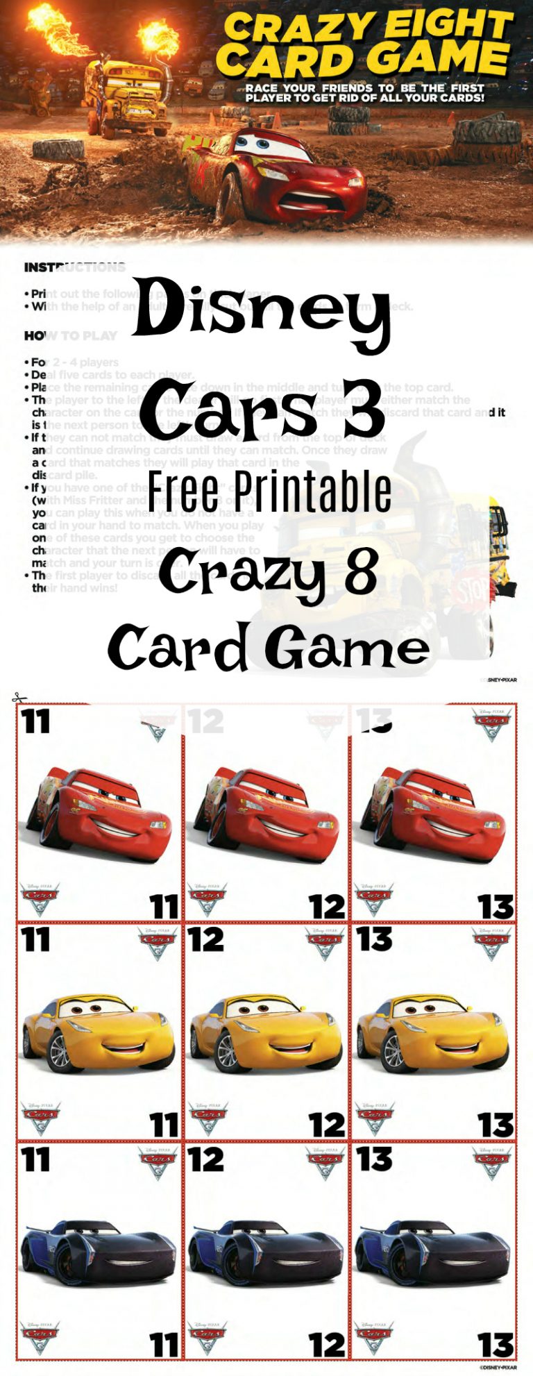 Free Cars 3 Disney Crazy 8 Card Game - Mama Likes This