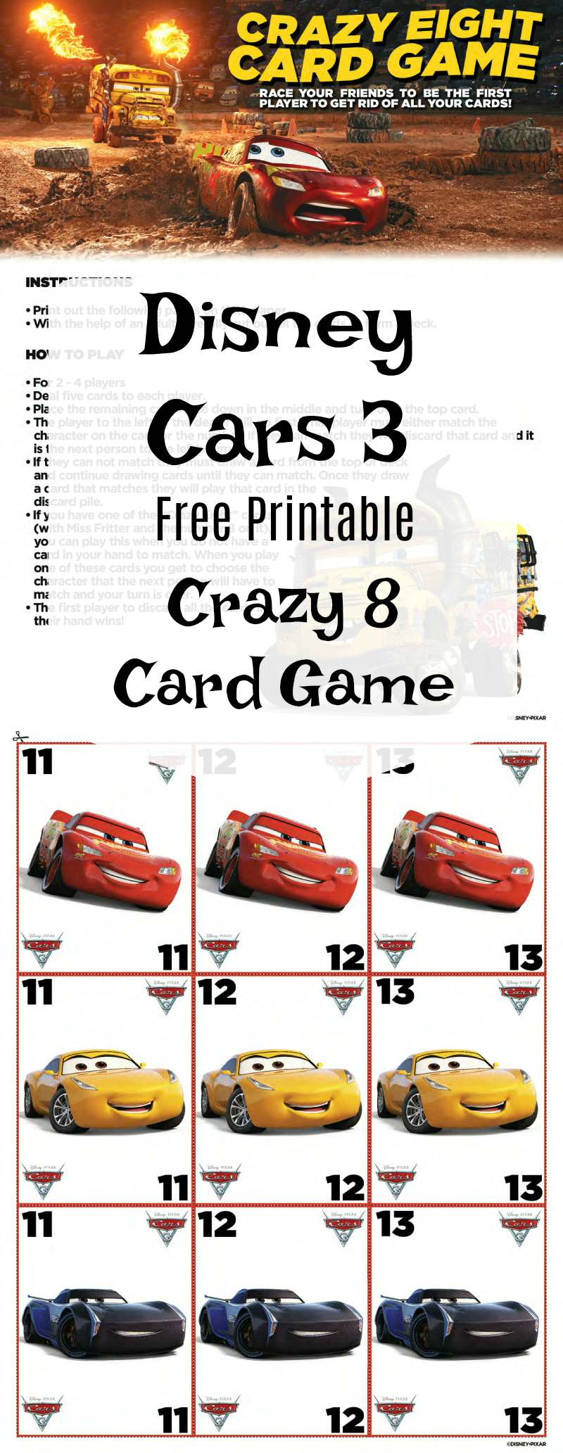 Free Cars 3 Disney Crazy 8 Card Game