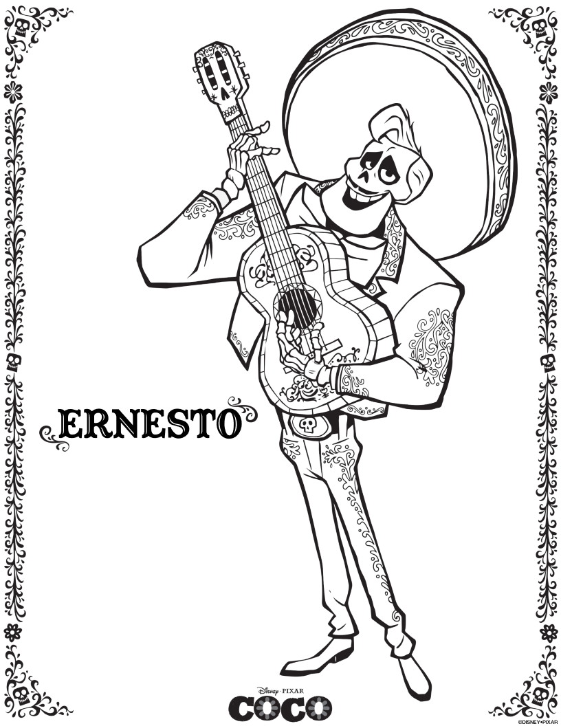 Free Printable Disney Pixar Coco Ernesto Coloring Page - Dia de los Muertos - Day of The Dead