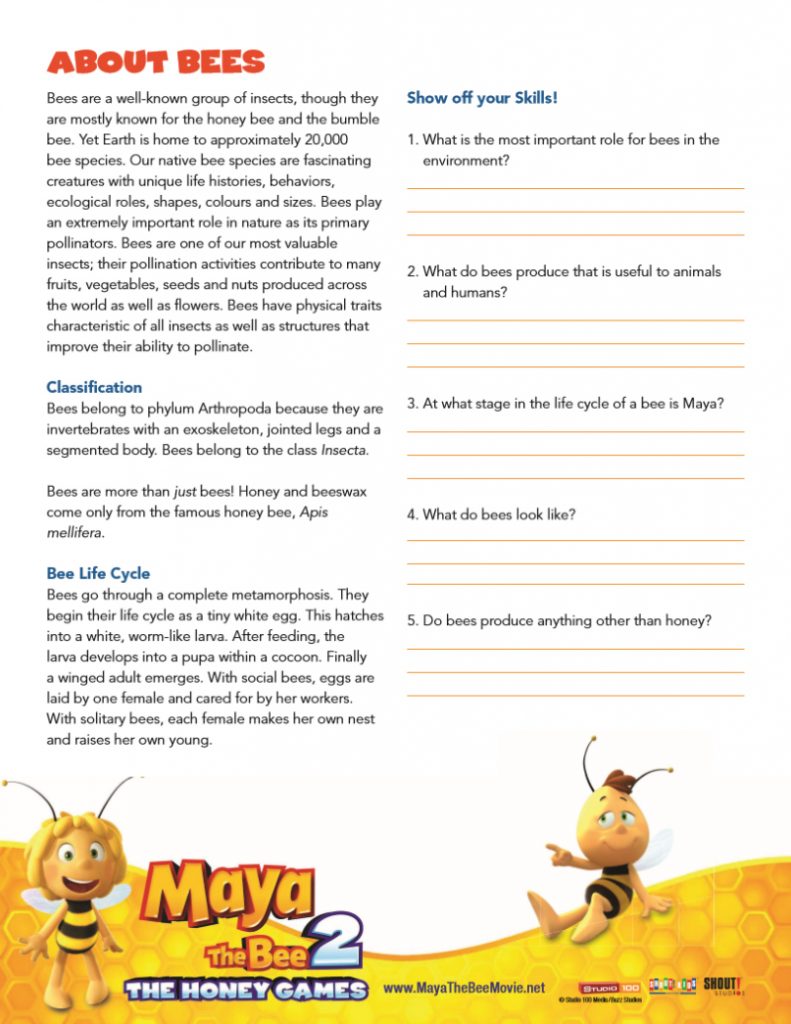 Bee Facts Worksheet Free printable download from Maya The Bee