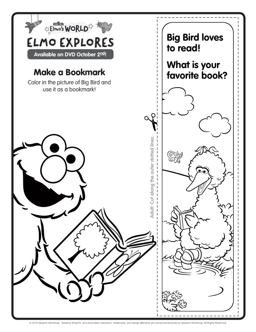 Free Printable Sesame Street Elmo's World DIY Big Bird bookmark craft