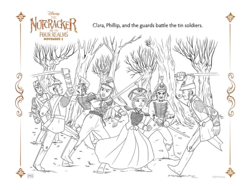 Free Printable Nutcracker Battle Scene Coloring Page from Disney The Nutcracker And The Four Realms