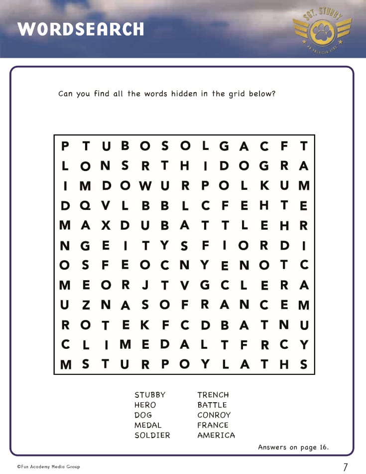 Free Printable Sgt. Stubby Word Search - An American Hero