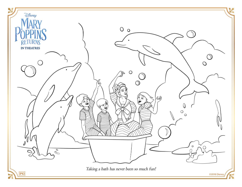 Free Printable Disney Mary Poppins Bath Time Coloring Page from Mary Poppins Returns