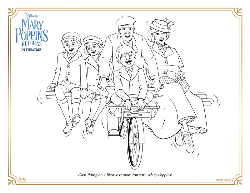 Free Mary Poppins Bicycle Ride Coloring Page from Disney Mary Poppins Returns