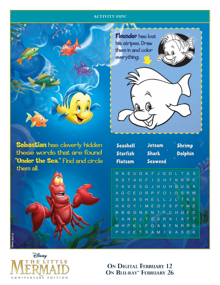 Free Printable Disney Little Mermaid Activities Page - Sebastian Word Search and Flounder Drawing Activity