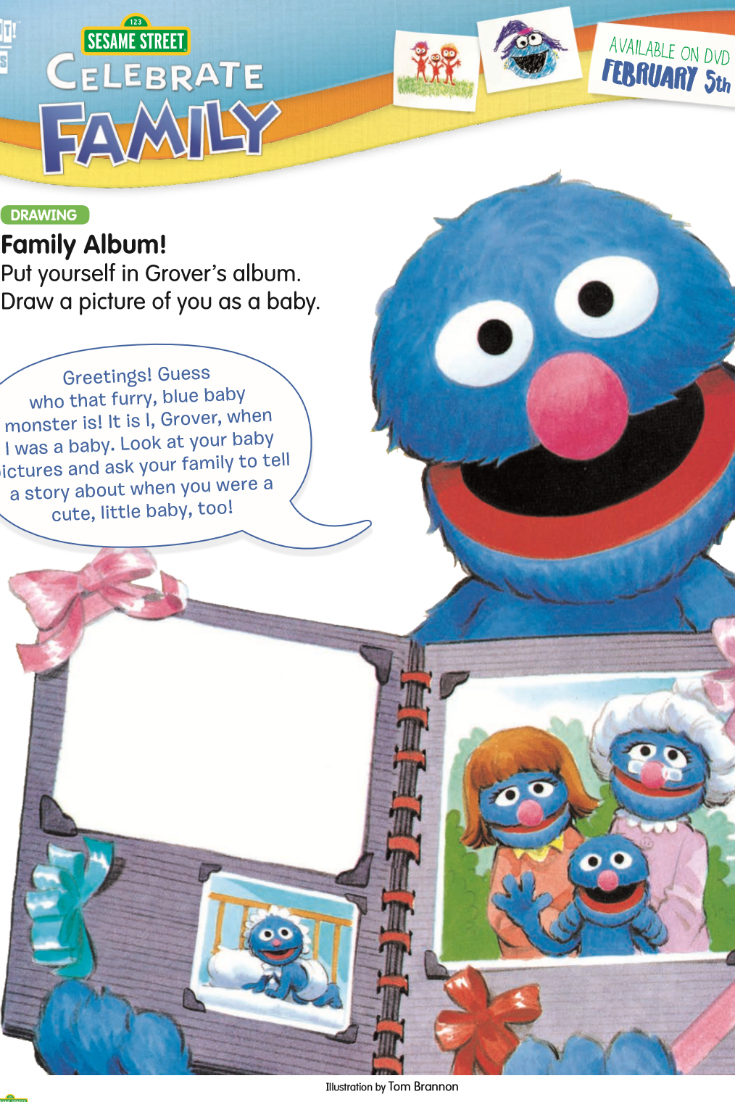 Sesame Street Family Album - free printable coloring page featuring Grover