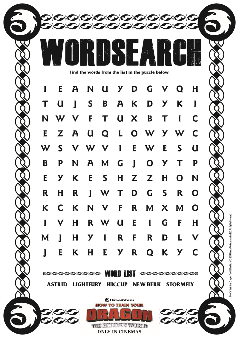 How To Train Your Dragon 3 Dragon Word Search - Free Printable from the Movie