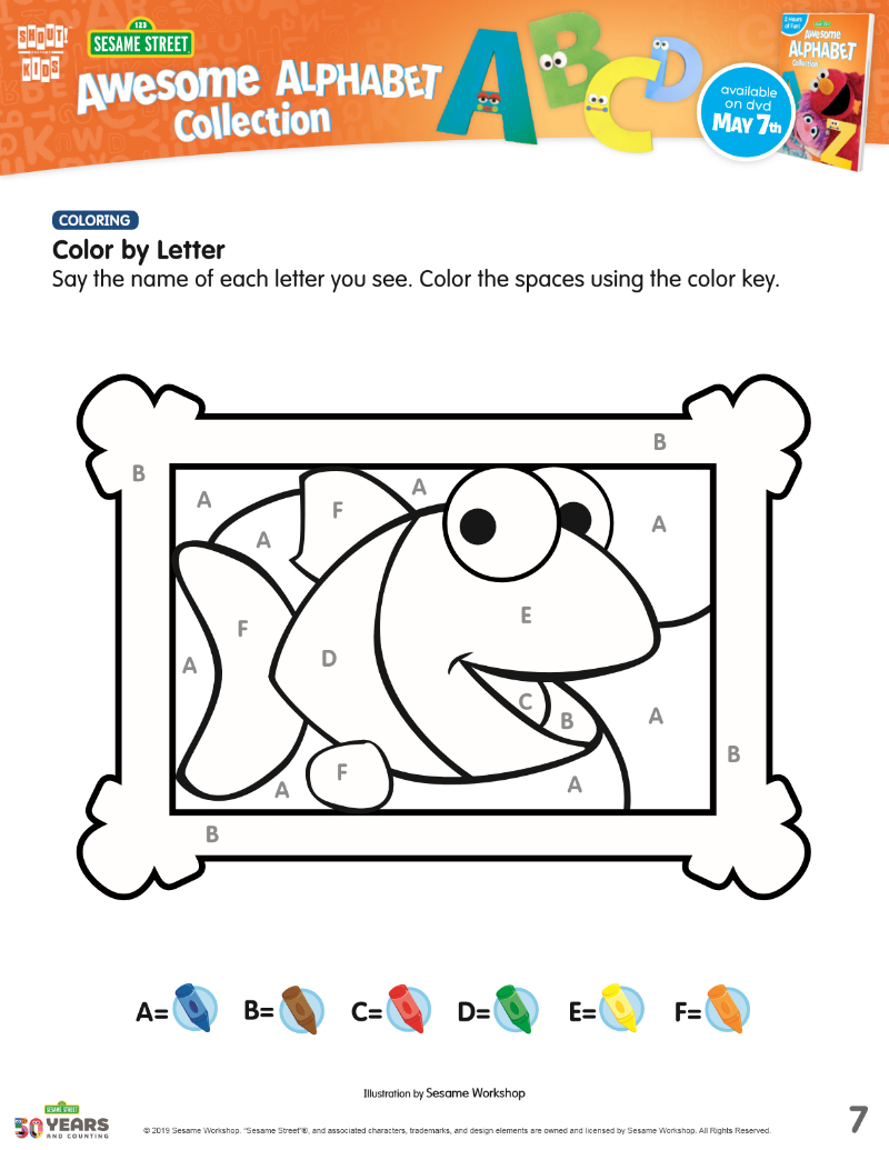 Free Printable Sesame Street Color by Letter Picture - fish coloring page activity