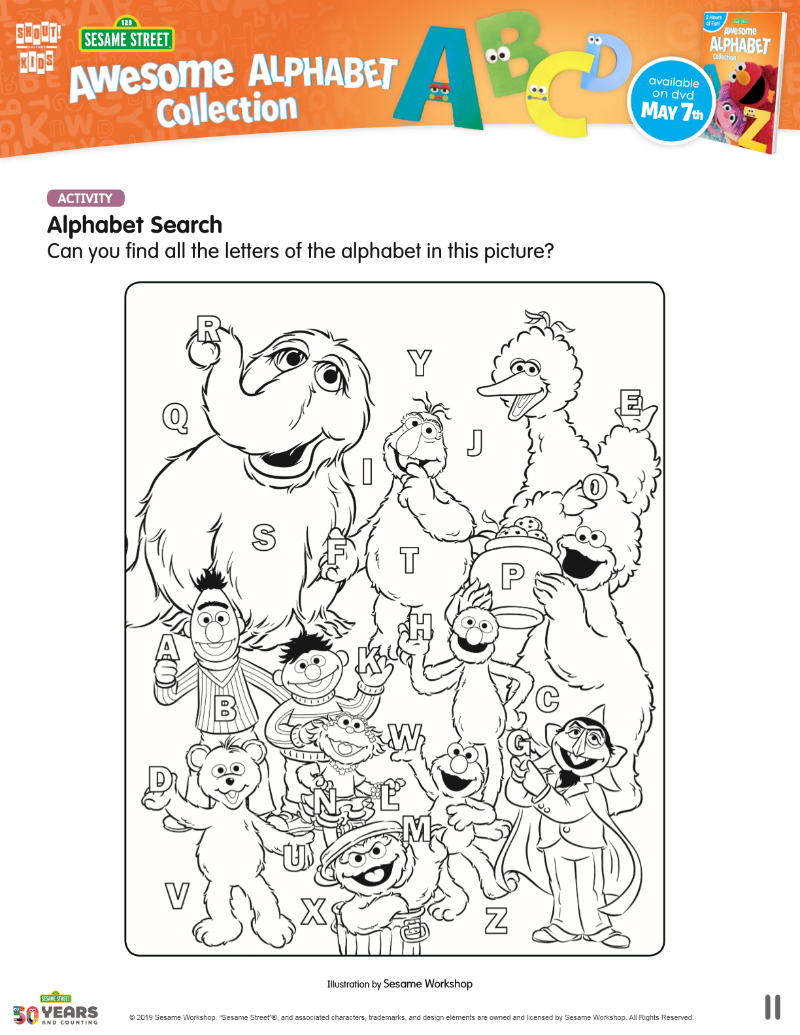 Free Printable Sesame Street Alphabet Search Activity Page - Big Bird, Cookie Monster, Elmo, Grover, Bert, Ernie, The Count and more!