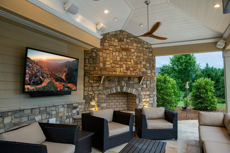outdoor living space with tv