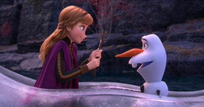 anna and olaf in an ice boat