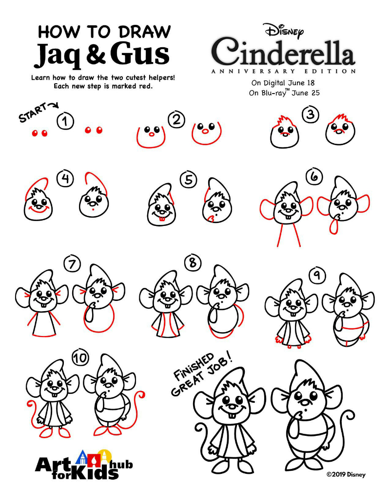 Free Disney Printable How to Draw Jaq and Gus from Cinderella Art Activity Page