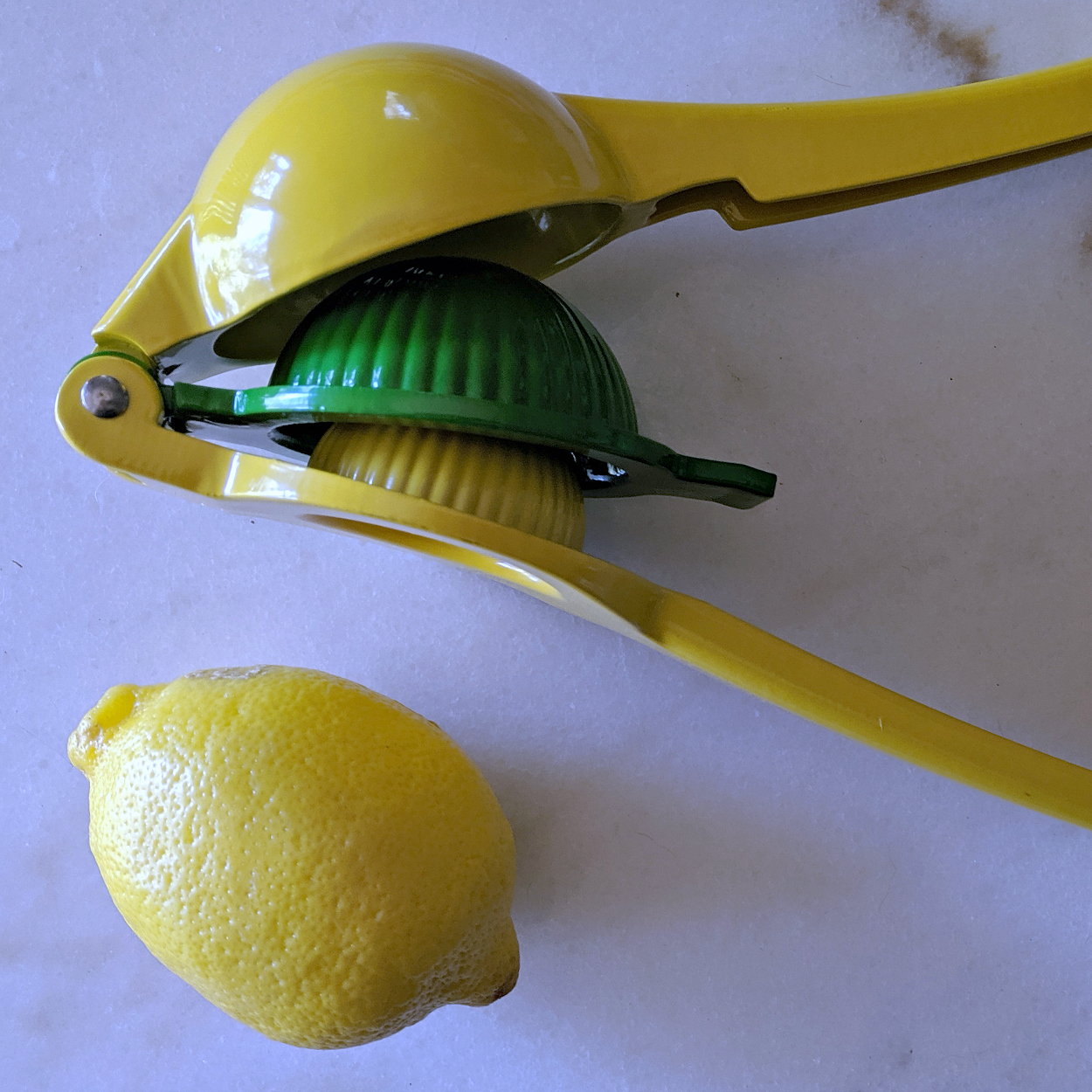 lemon and squeezer on white marble