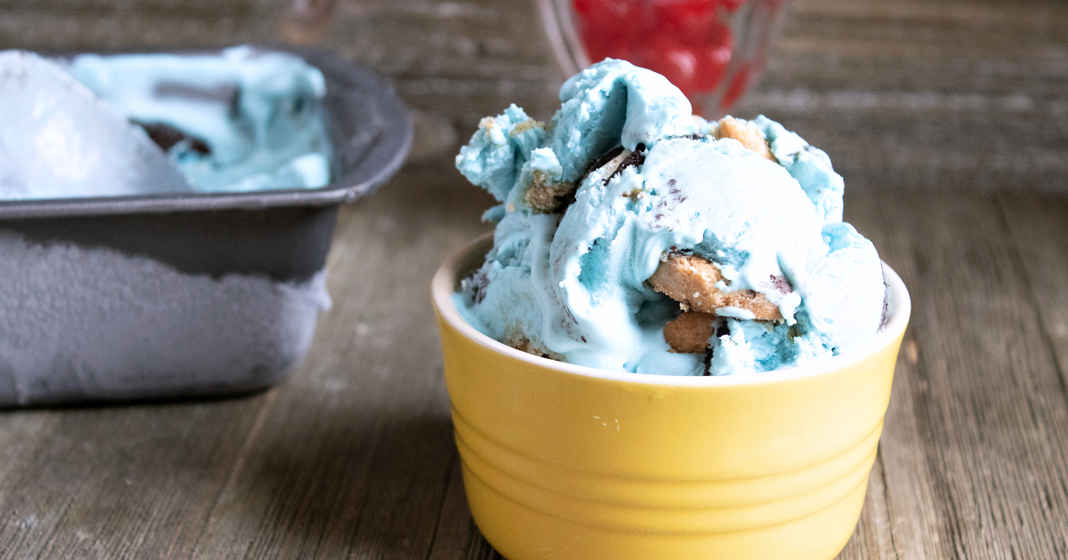 bowl of no churn cookie monster ice cream