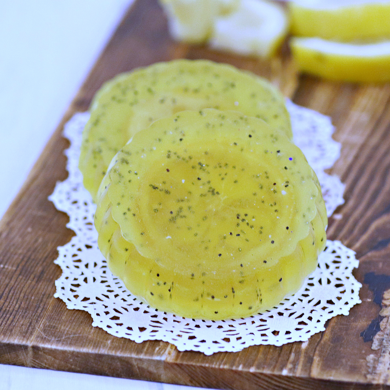 lemon poppy seed soap on a white doily