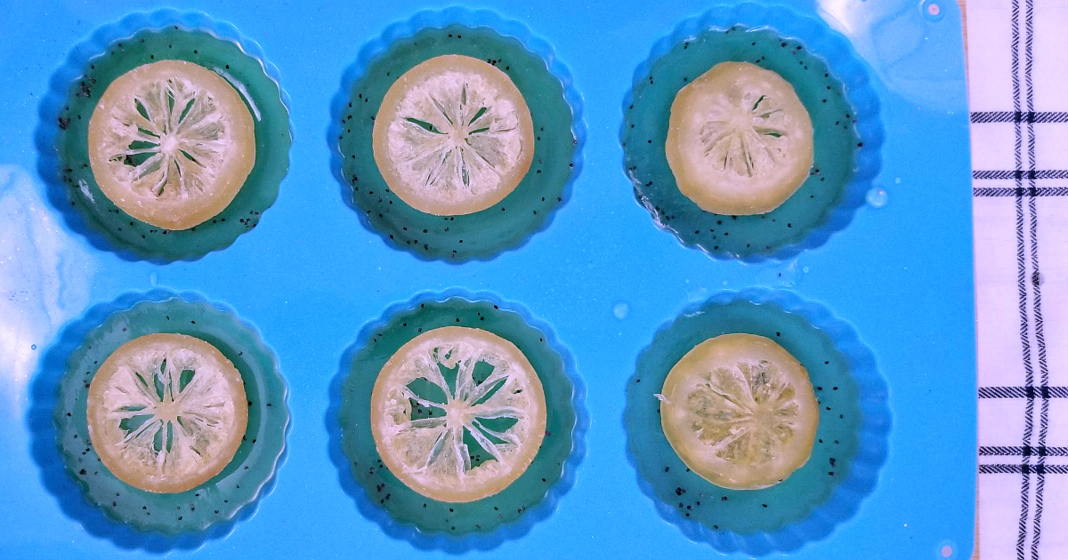 soap mold with lemon poppy seed soap mixture