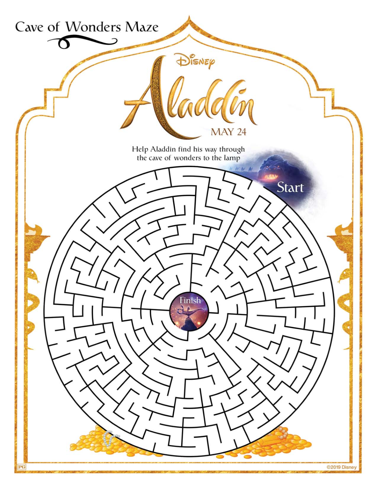 Free Printable Disney Aladdin Cave Maze Activity Page #maze #printablemaze #aladdin #aladdin2019 #freeprintable #disney 