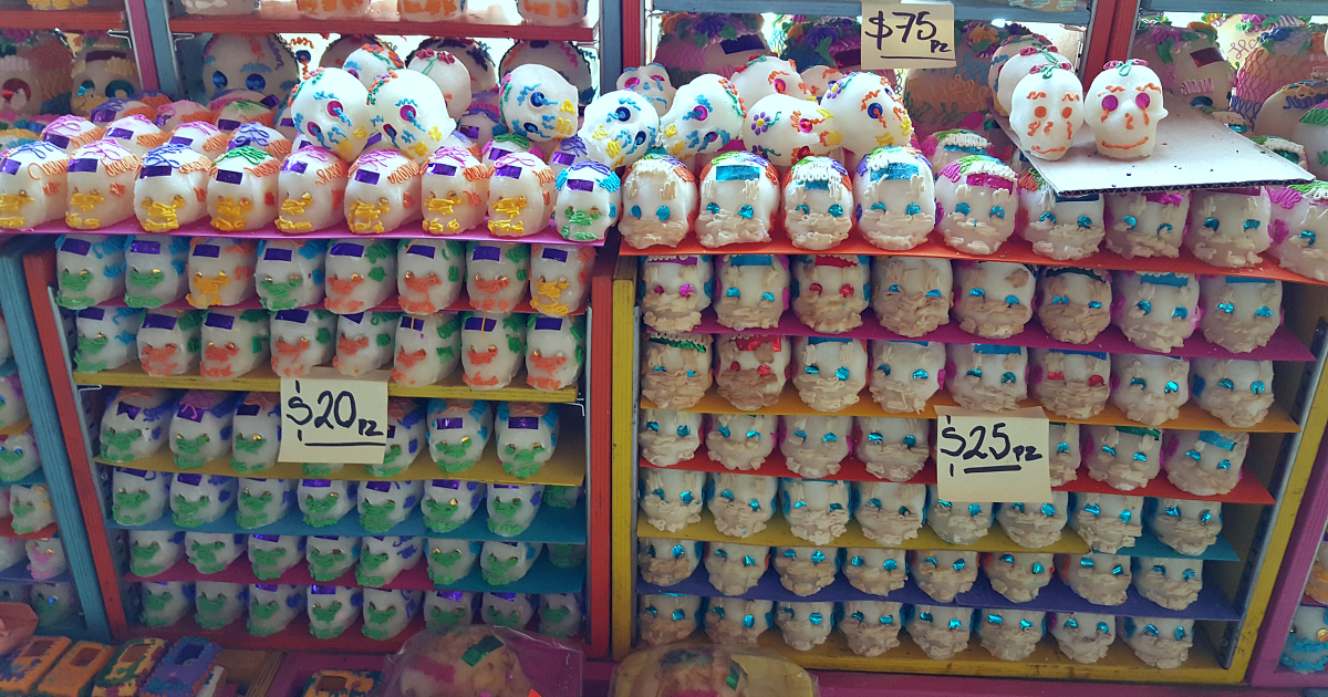 shelves filled with sugar skulls