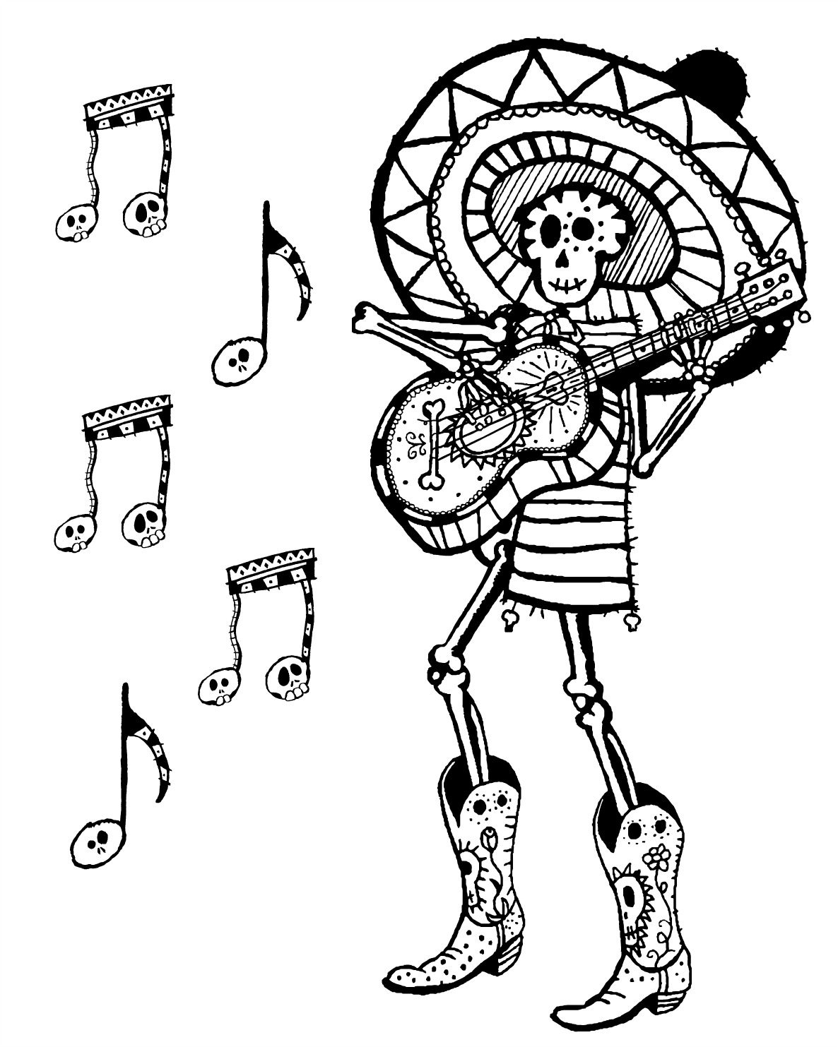 Free Printable Day of the Dead Skeleton Musician Coloring Page #dayofthedead #diadelosmuertos #freeprintable #coloringpage #skeleton #musician #skeletonmusician #sugarskull