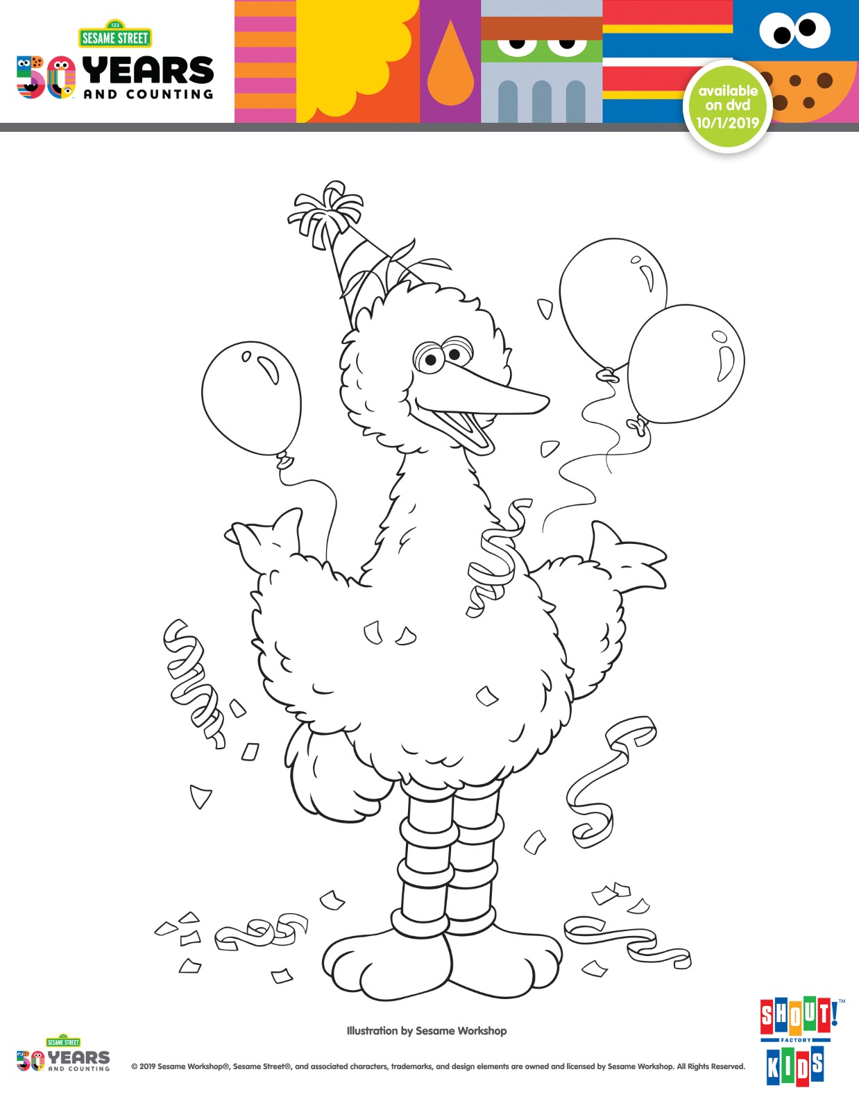 Free Printable Big Bird Birthday Coloring Page from Sesame Street #SesameStreet #BigBird #FreePrintable #ColoringPage #BirthdayColoringPage 