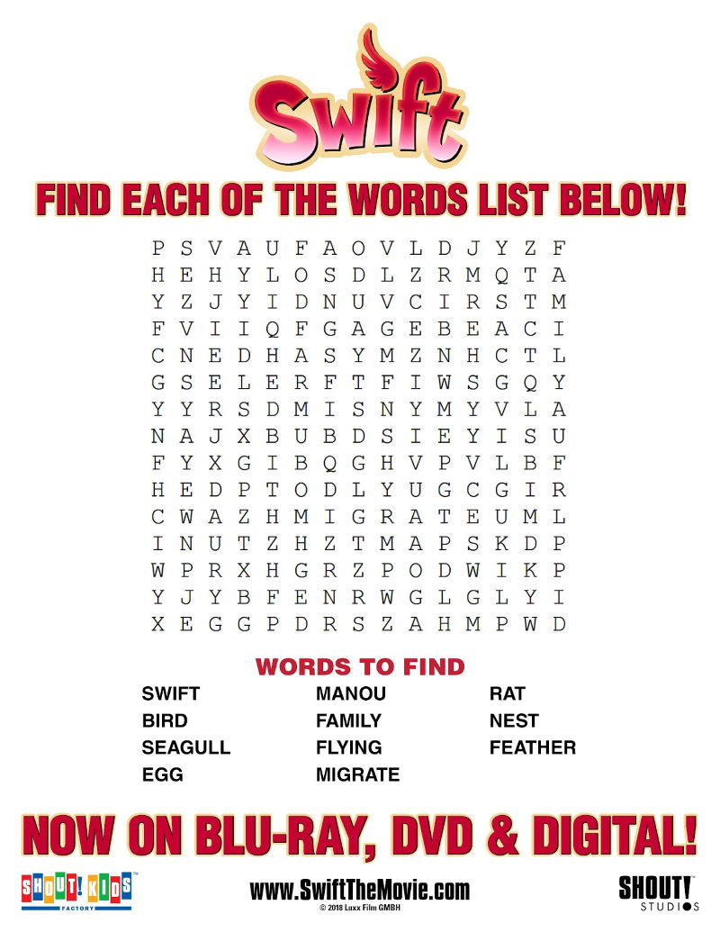 Free Printable Swift Beach Bird Word Search