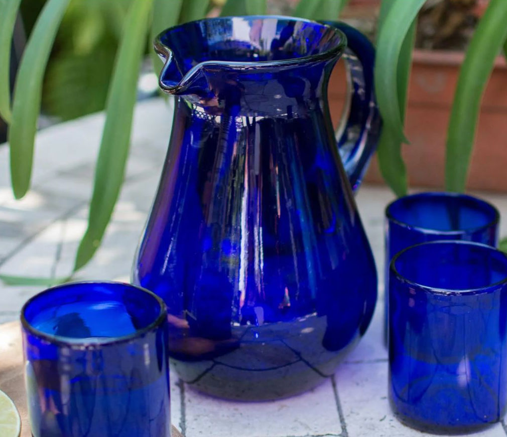 cobalt pitcher and glasses