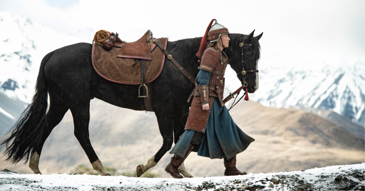 winter scene of mulan walking with horse