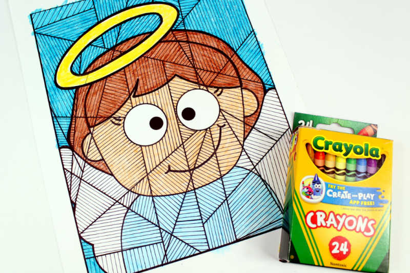 angel coloring page and crayons