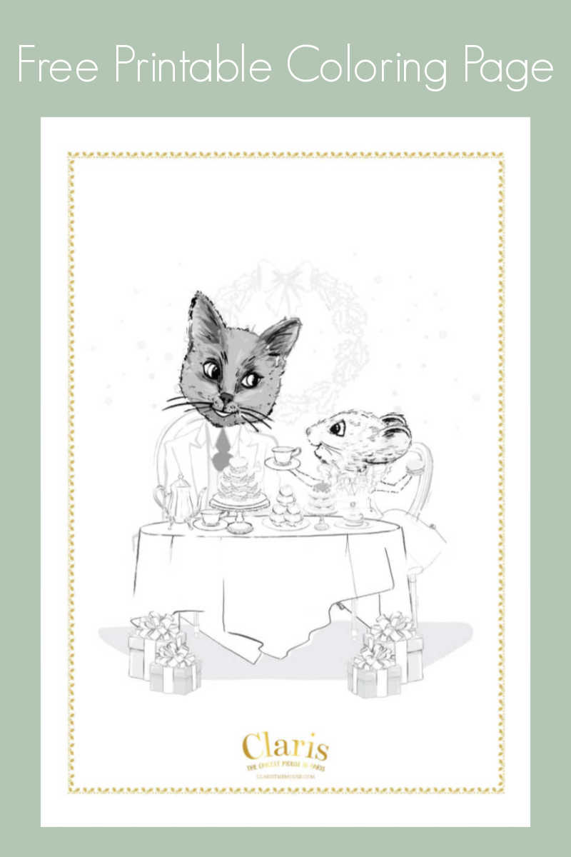 Download my free printable pdf, so that your child can color this fanciful cat and mouse tea party coloring page. 