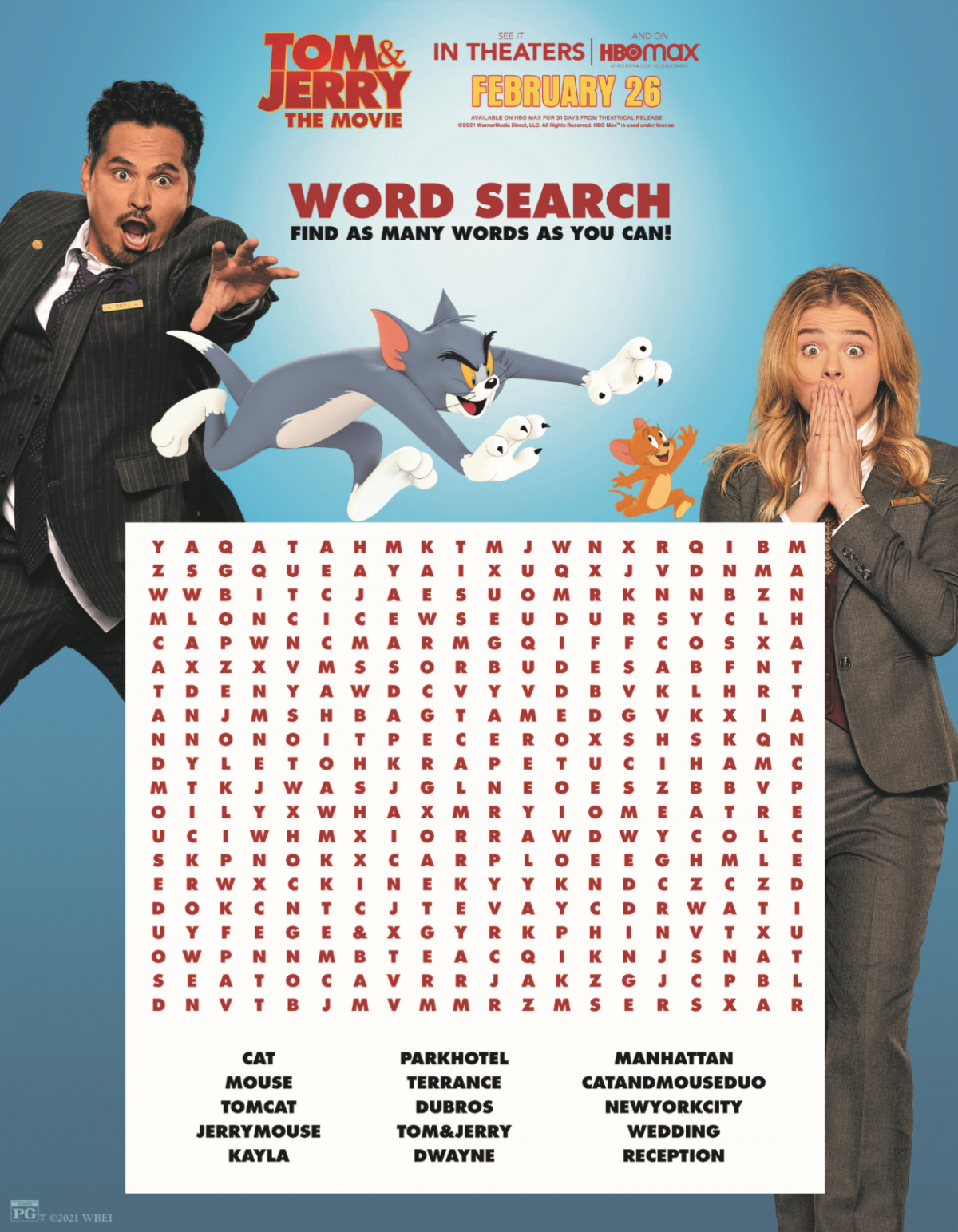 Tom and Jerry Movie word search activity page.