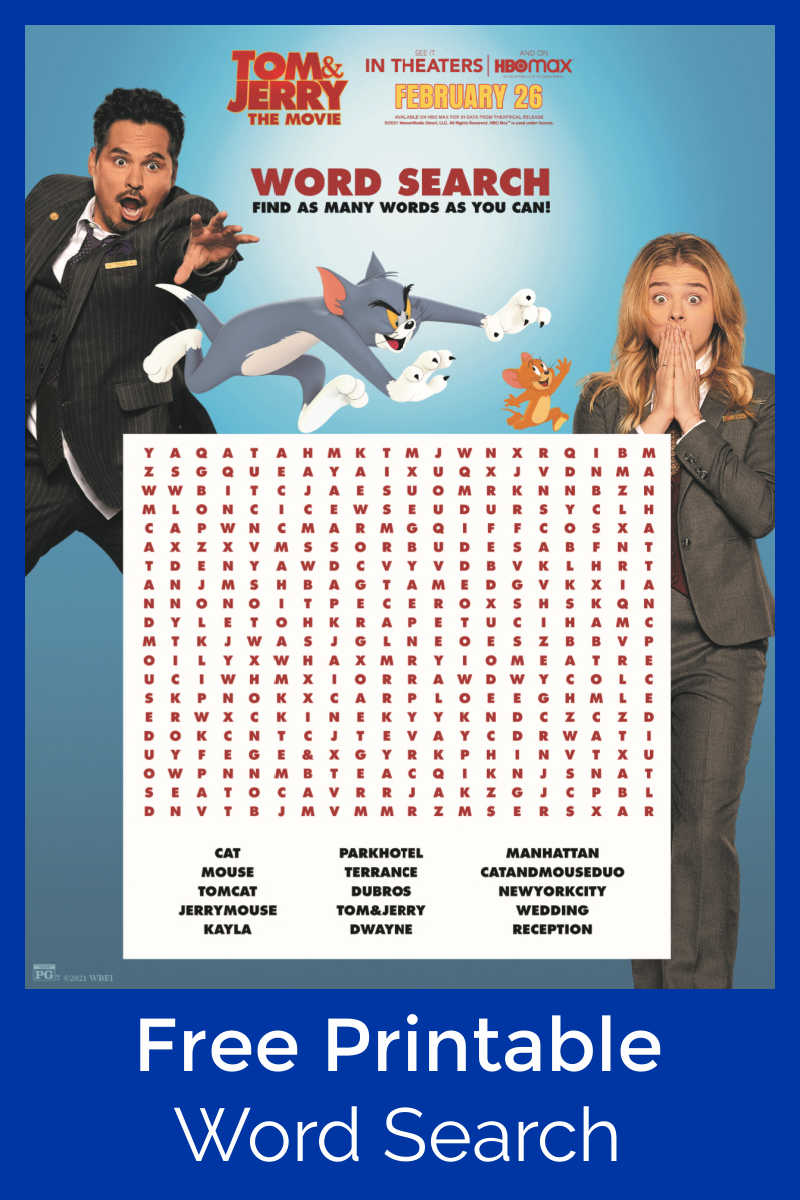 free printable tom and jerry word search activity page.