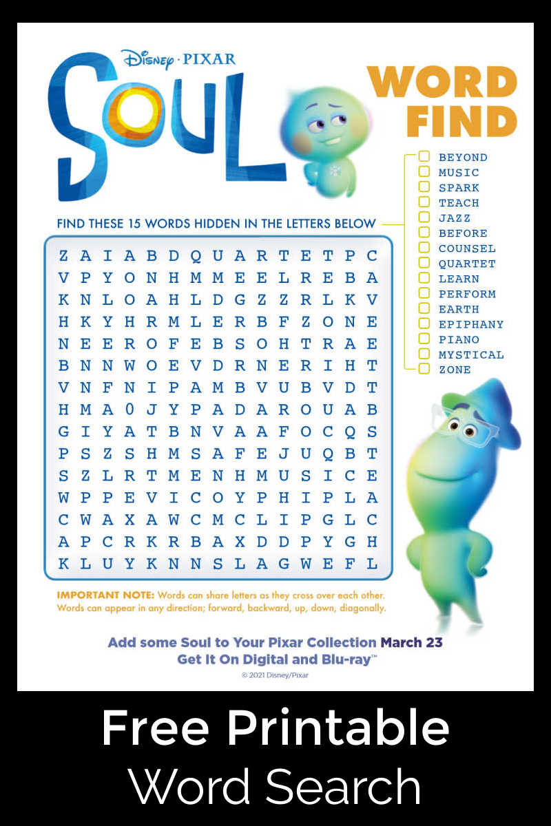 Enjoy a fun movie themed challenge, when you download this free Disney Pixar Soul word search activity page.