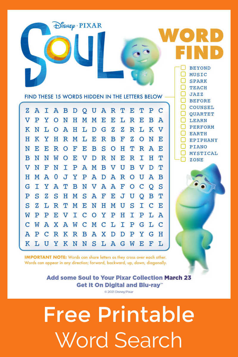Enjoy a fun movie themed challenge, when you download this free Disney Pixar Soul word search activity page.