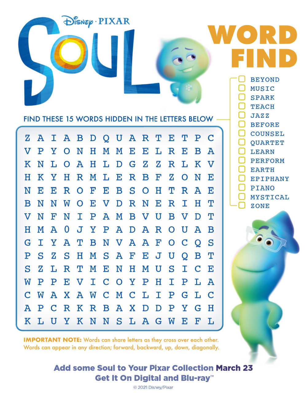 Enjoy a fun movie themed challenge, when you download this free Disney Pixar Soul word search activity page.