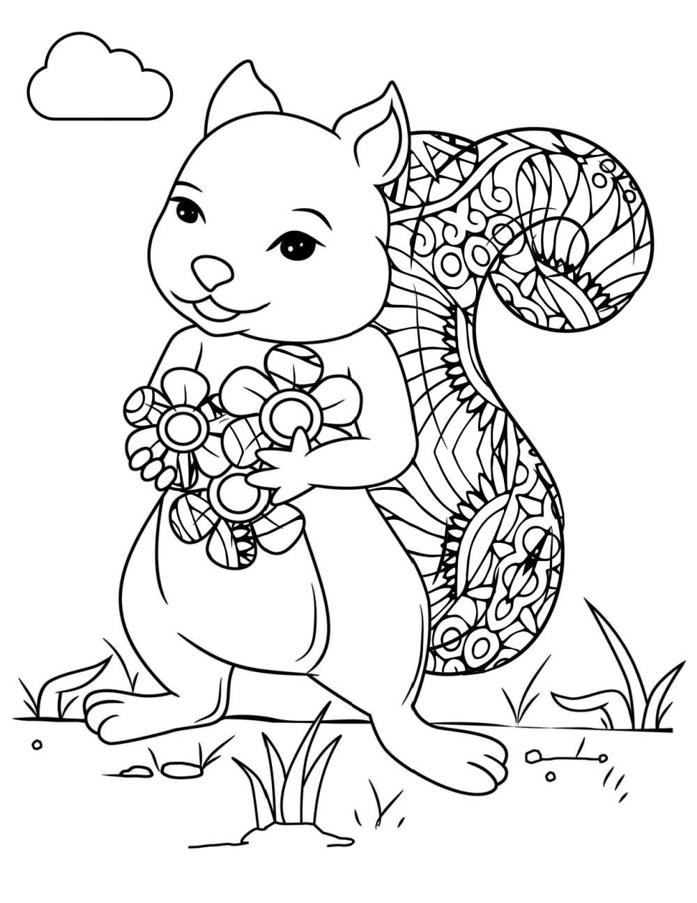 printable squirrel flowers coloring page.