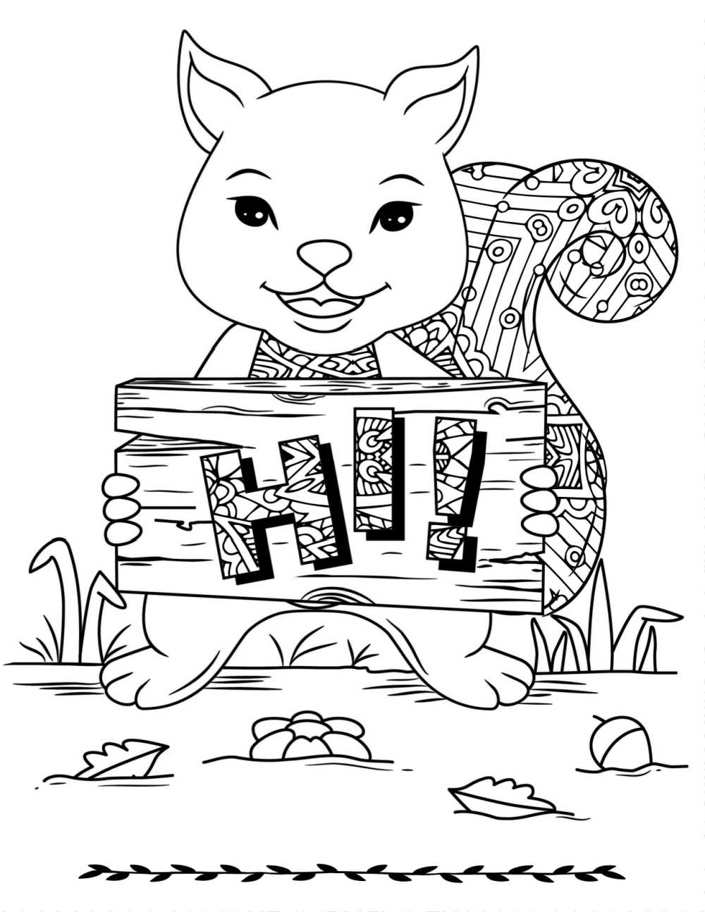 coloring page with a squirrel saying hi. 