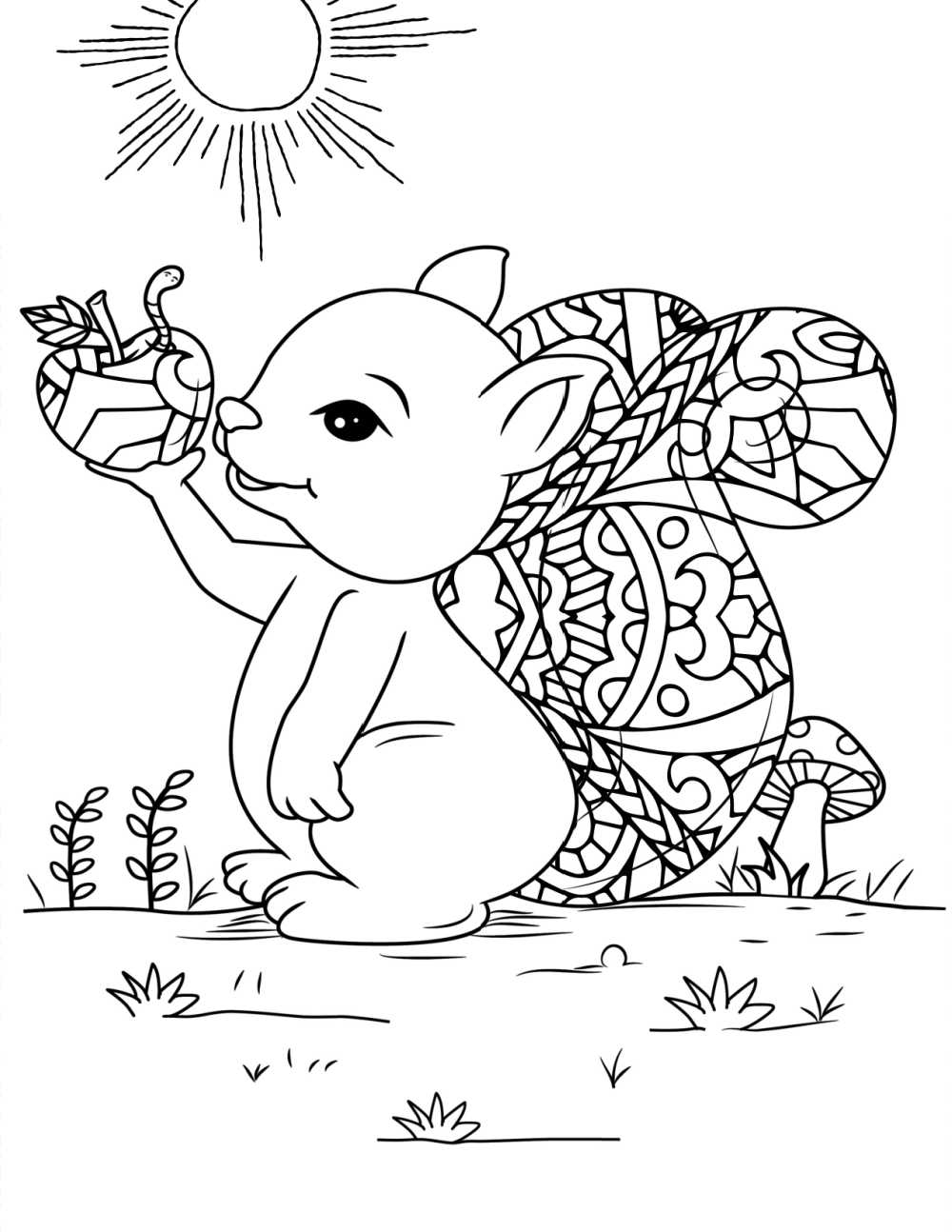 printable squirrel with an apple coloring page.